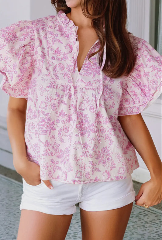 Pretty Pink Floral Ruffle Sleeve Blouse